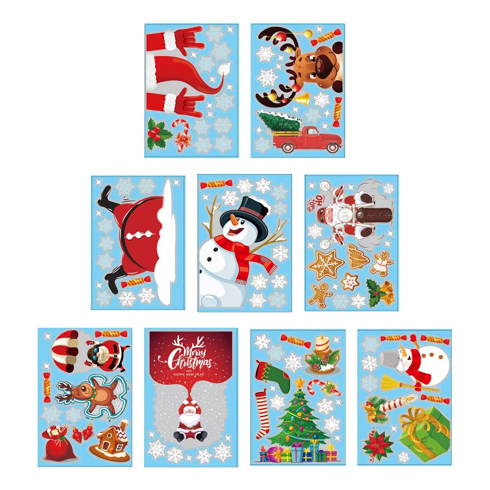 9Pcs Christmas Window Clings Door Mural DIY Christmas Tree Snowman Stickers Xmas Decal for Party Winter Holiday Bedroom Kitchen