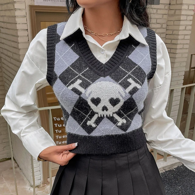 Plaid Knitted Y2k Crop Sweater Vest Women Sleeveless Preppy Style Stretchy  90s Aesthetic Sweaters Korean Kpop Clothes - Sweater Vest - AliExpress