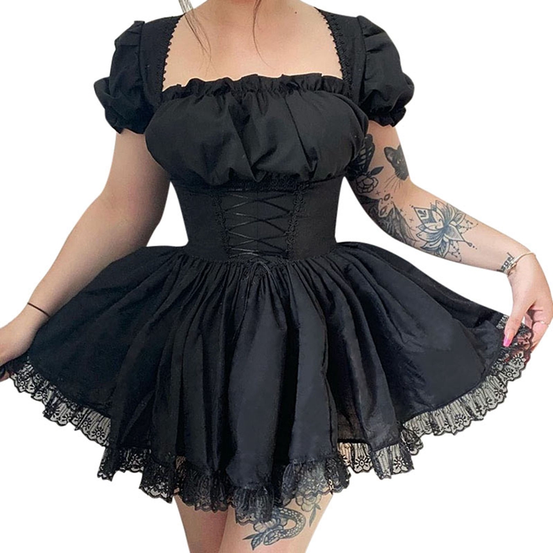 Süßes A-Linien-Kleid mit Puffärmeln für Damen, Sommer, Fairycore, Lolita, einfarbig, Bandage, Spitzenbesatz, kurze Kleider für Halloween-Party – Detail 14