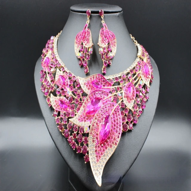 LUXE Statement Silver Fuchsia Pink Crystal Long Bib Necklace Set – Rocks  Boutique
