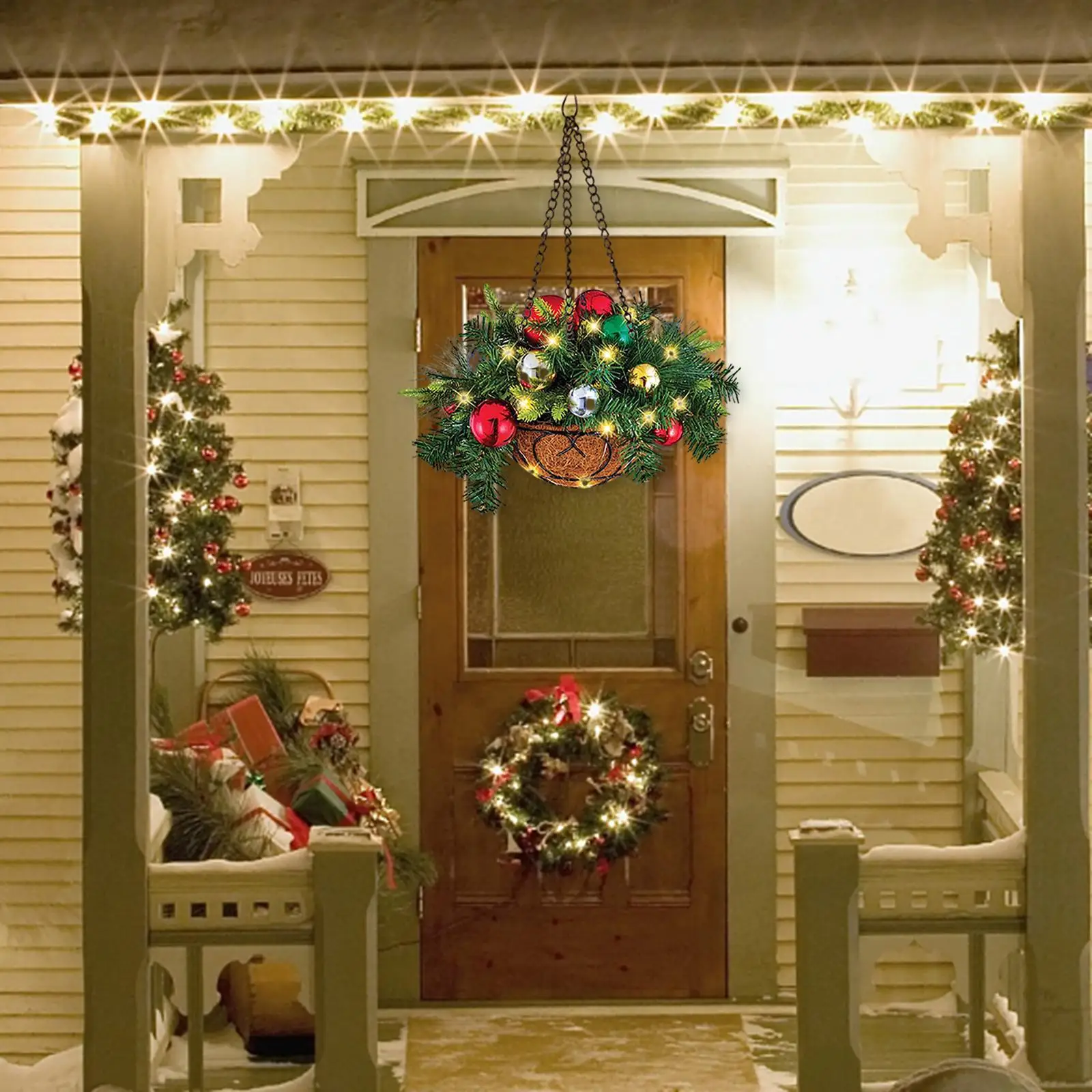 Artificial Christmas Hanging Basket with Frosted Berries Mixed Decorations for Porch Indoors Outdoors