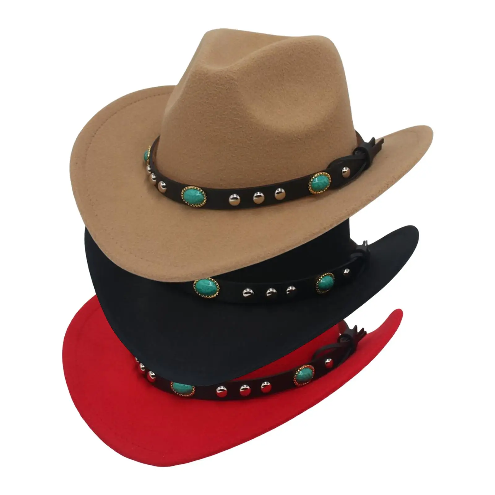 Unisex Felt Western Cowboy Hat Wide Brim Sunhat with Belt Buckle Photo Props Panama Cowgirl Hat for Adults Summer Beach Outdoor