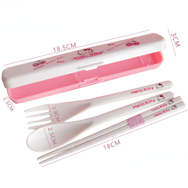 Hello Kitty Lunch Utensil Chopsticks Fork Spoon Carry Box Case Travel  Picnic SET