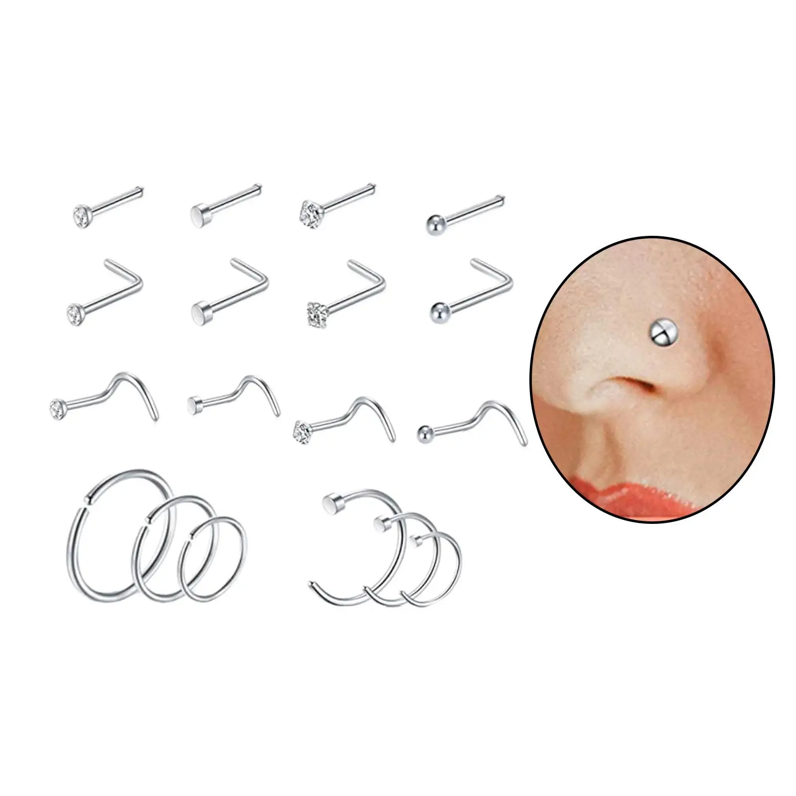 18Pcs Stainless Steel Studs Nose  Nose  for Womens Mens