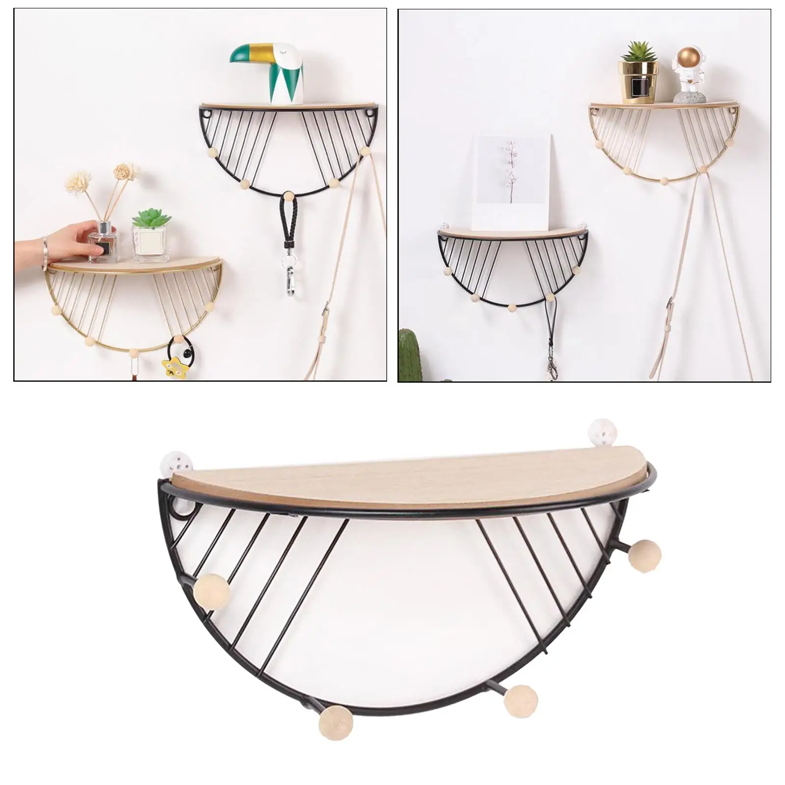 Semicircle Iron Rack Floating Shelves Wall Mounted Storage Shelf w/ er for Home Bedroom Office Decoration Ornament
