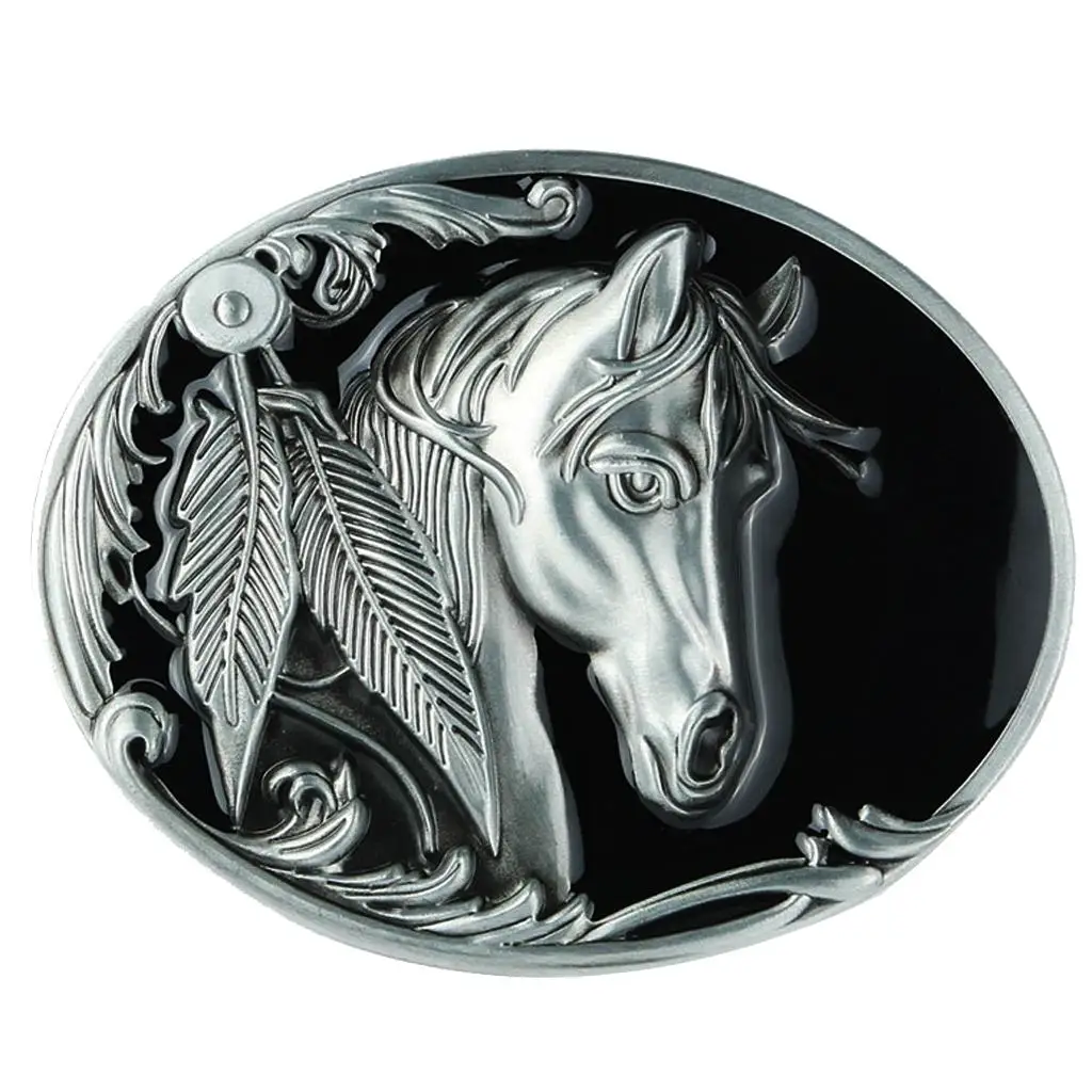  Enbossed Horse Head Oval Belt Buckle With Engraved Retro Leaf