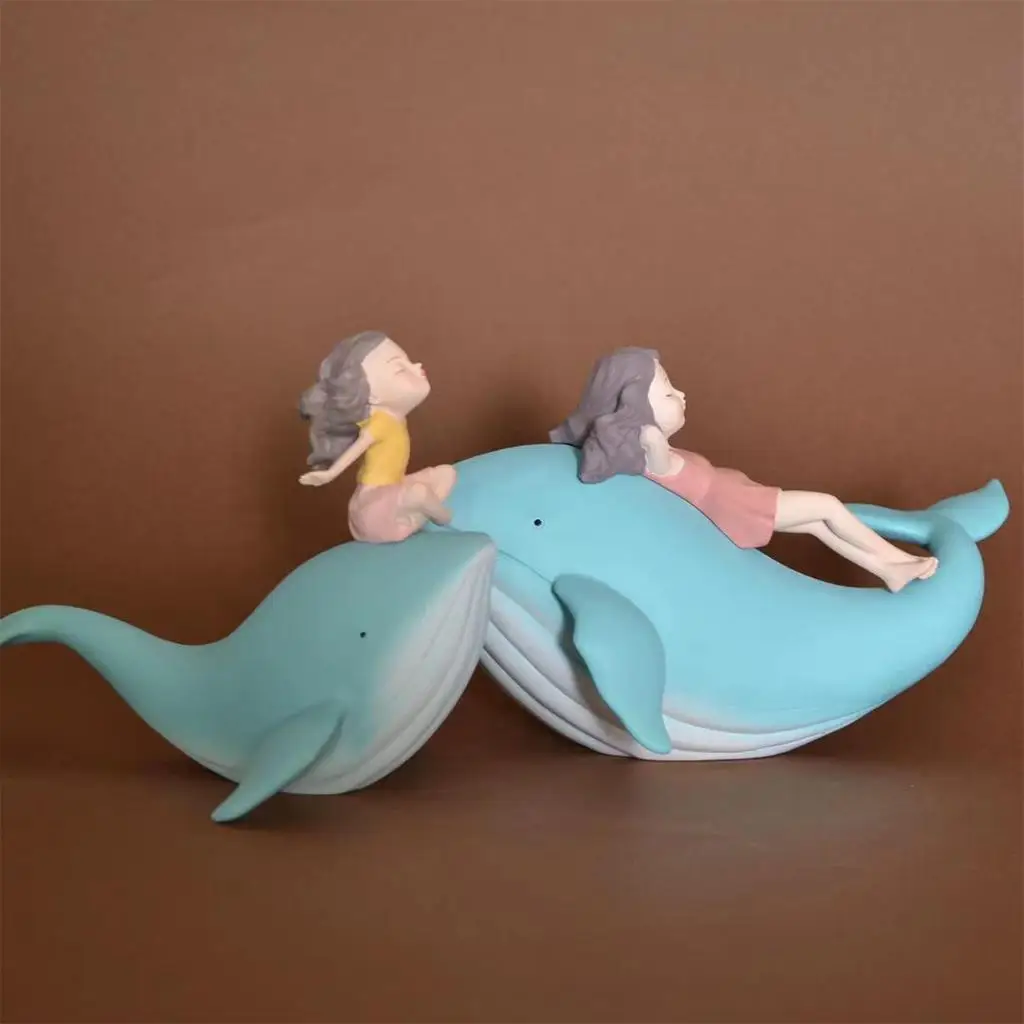 Nordic Style Girl and Whale Statue Ornament Resin Craft Lovely Animal Figurines for Home Decor Living Room Bedroom Office Decor