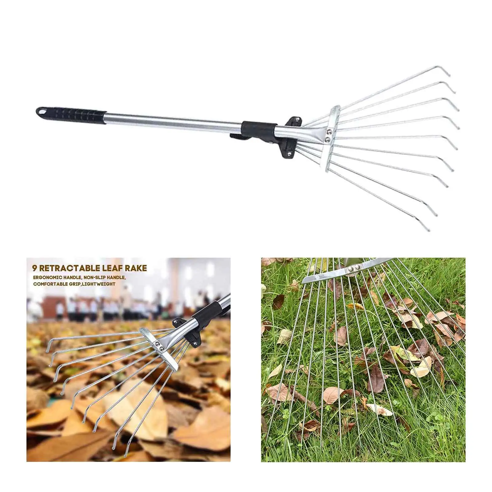 Garden Leaf Rake Adjustable Collapsible Folding Head for Window Wells Plants Lawns Camping
