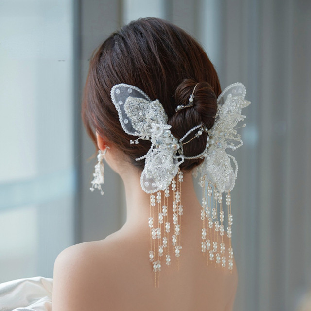 Luxury Crystal Faux Pearl Butterfly Hair Clip, Hair Pins Headband for Women Bride Party Wedding Bridal Accessories Jewelry Clip Band,Temu