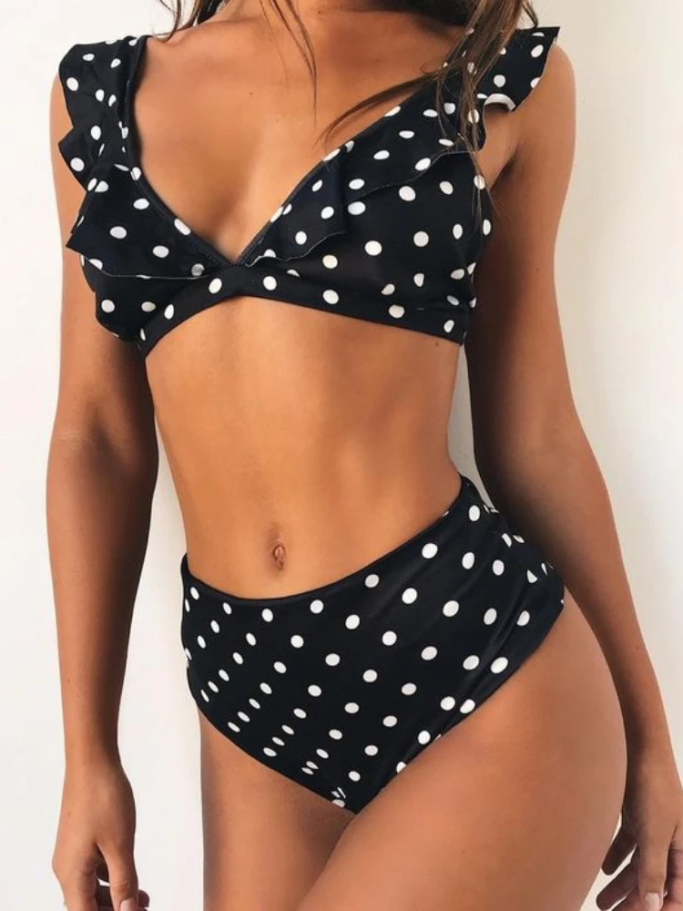 forerun banho feminino plissado conjunto biquinis polka dot impresso separado maiô cintura alta fundo beachwear