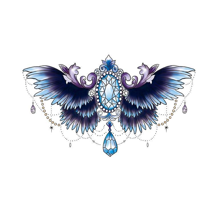 Blauer Edelstein Flügel Tattoo Edelstein Feder dauerhafte gefälschte Tattoos für Frau Männer Sexy temporäre Tattoos Bauch Arm Kunst Tattoo Aufkleber – Detail 1