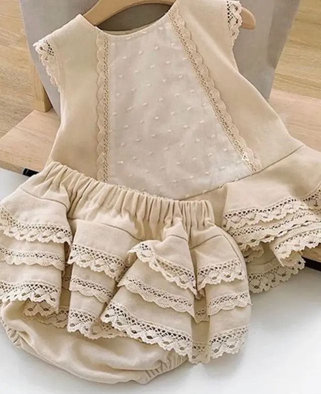 stylish baby clothing set Baby Girls 2 Pieces Outfit Round Neck Sleeveless Lace Vest Tops + Layered Hem Tiered Skirts Panty Sets Baby Clothing Set expensive