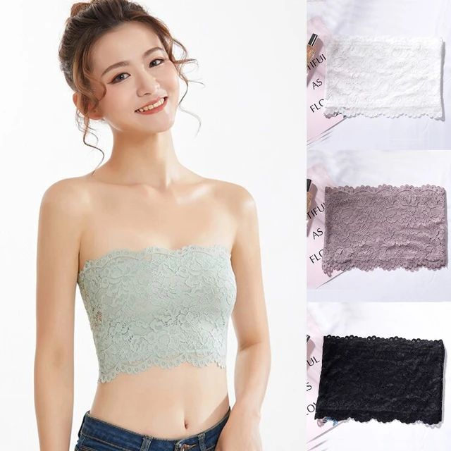 Women Floral Lace Bandeau Tube Bra Cami Top Strapless Padded