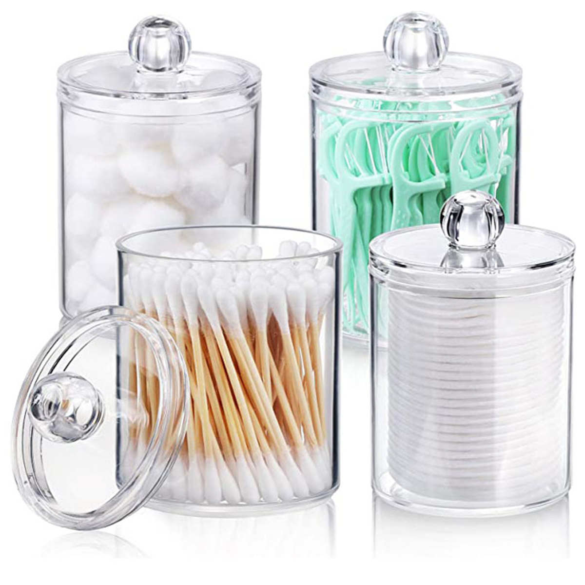 Description Picture 2 of item4Pcs Qtip Holder Dispenser with Lids Clear Acrylic Bathroom Jars Swab Storage Multifunction Acrylic Cosmetic Makeup Organizer