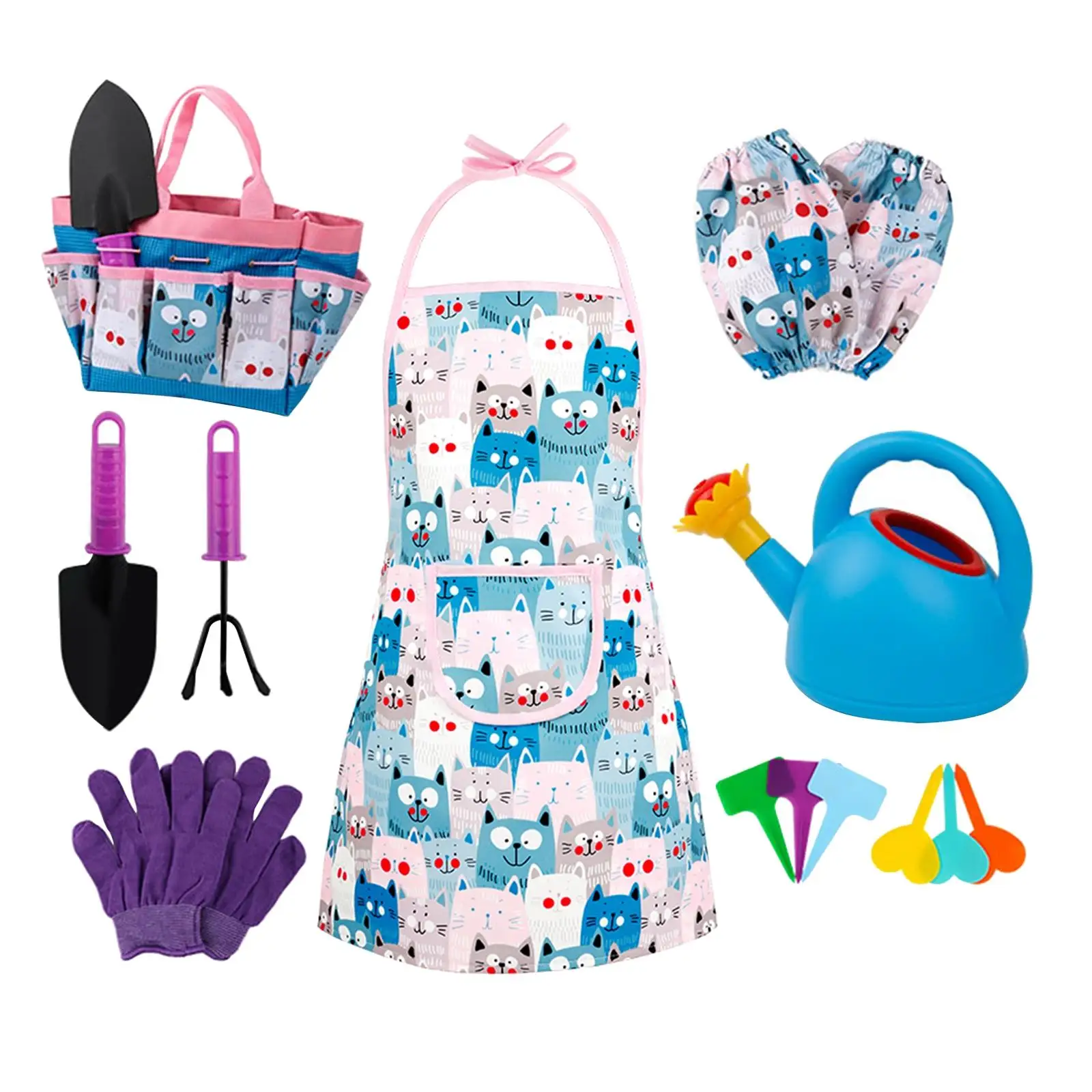 Kids Gardening Tool 6 Grounding Stakes Cat Pattern Apron Pointed Shovels Toys with Tote Bag Sand Pits Toys for Age 3+ Hand Tools