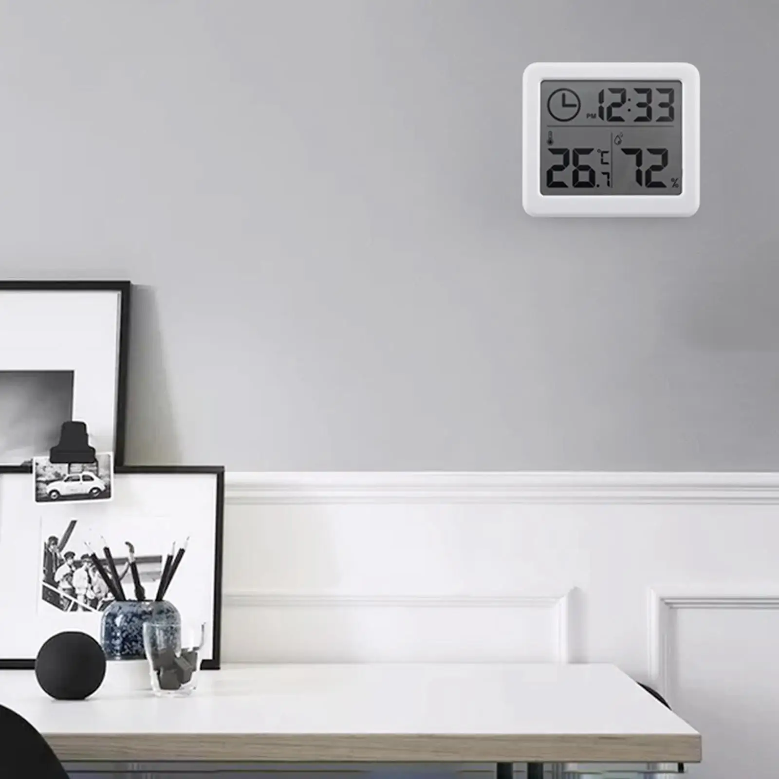 Hygrometer  Clock Function Temperature Battery LCD  Meter for Indoor Restaurants Closet  Room