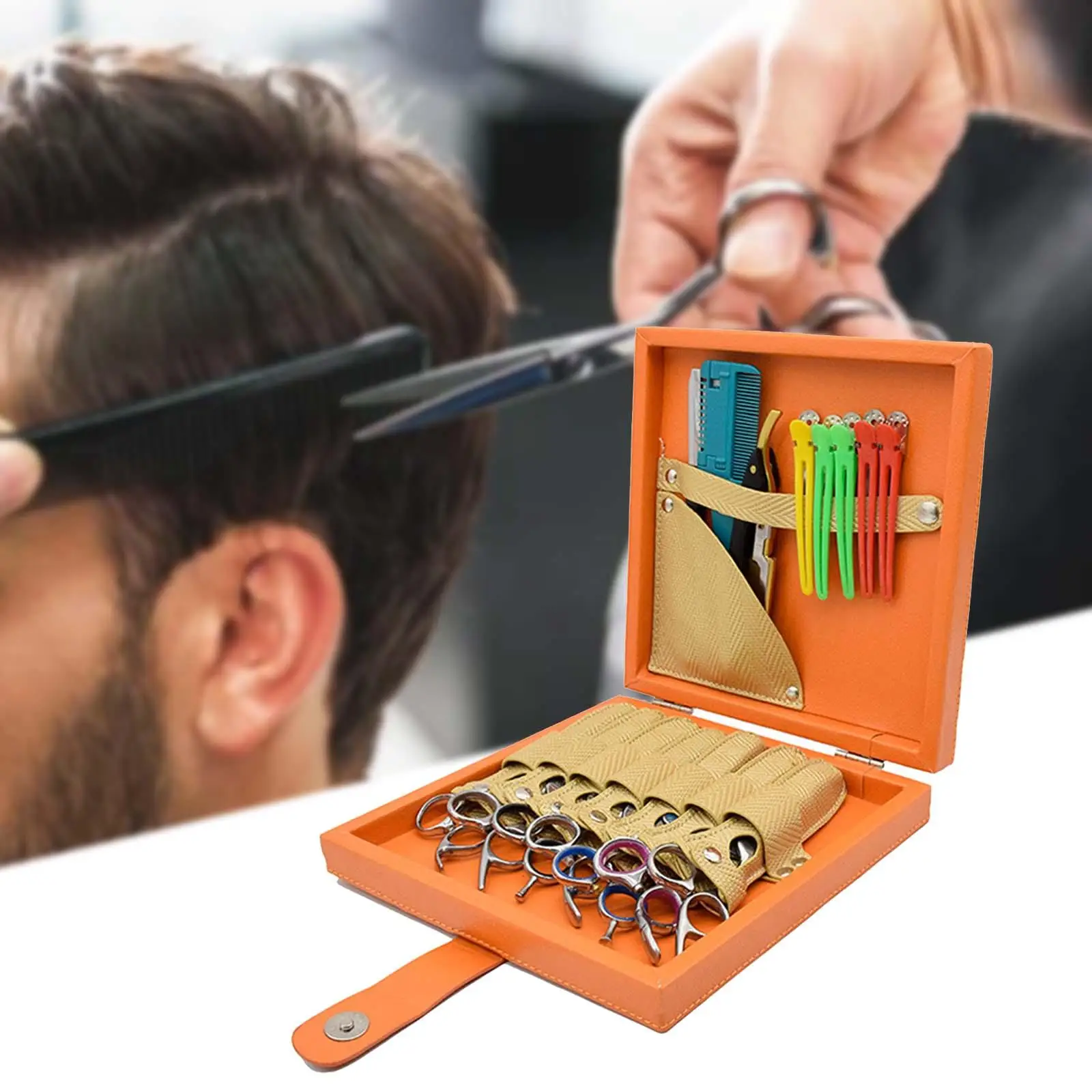 Barber Shears Storage Hair Scissors Box PU Leather Versatile Compact Size for Multiple Scissors, Combs, Hair Clips Sturdy Orange