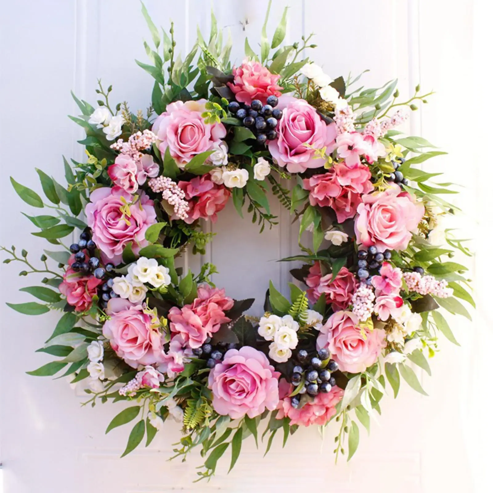 50cm Front Door Wreath Rose Artificial Flowers Garland Hanging Greenery Leaf Outside for Backdrop Festival Party Window Holiday