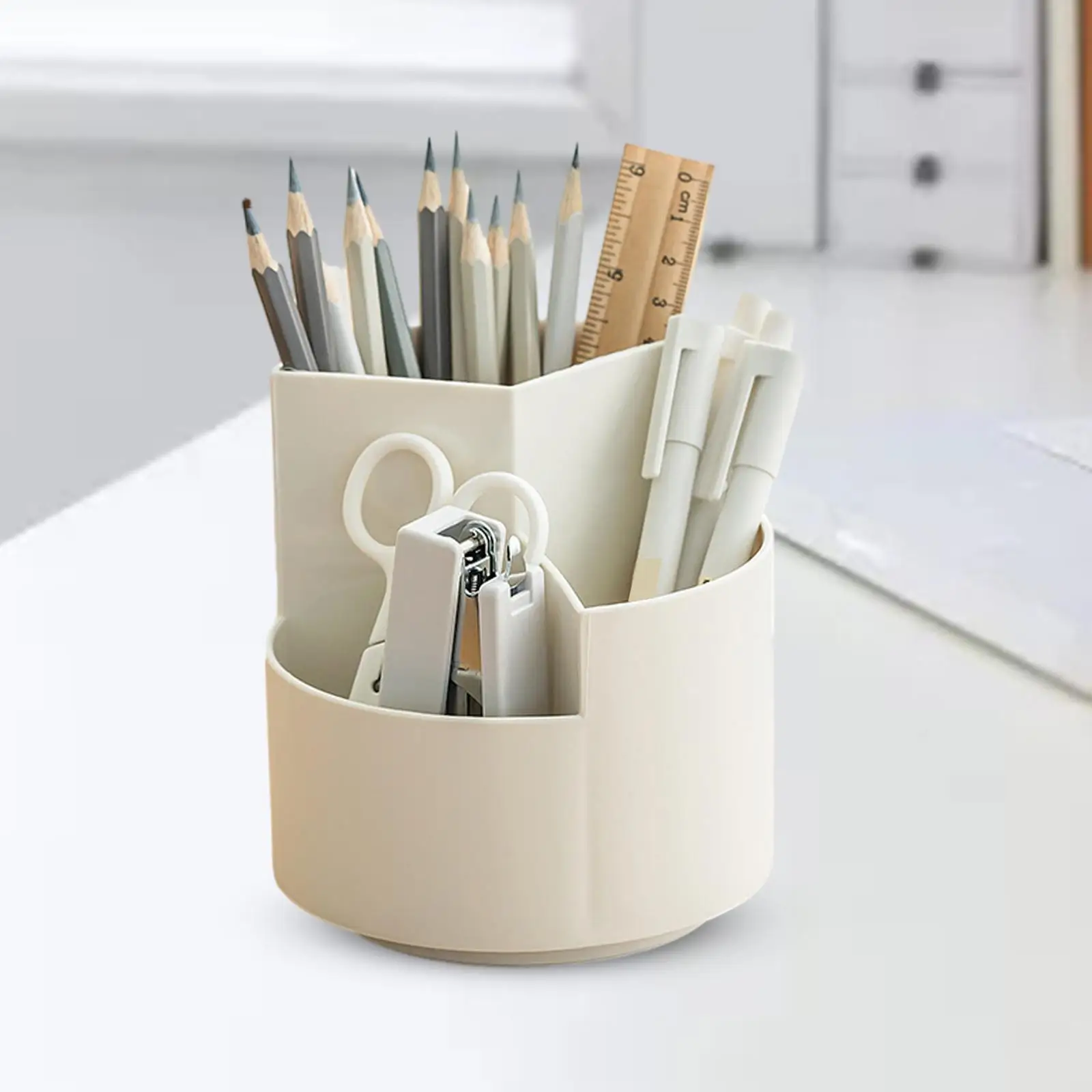 360 Degree Rotatable Desk Organizer 3 Segments Makeup Brush Bin Pencil Marker Storage for Art Supplies Kids Desk Home Classroom