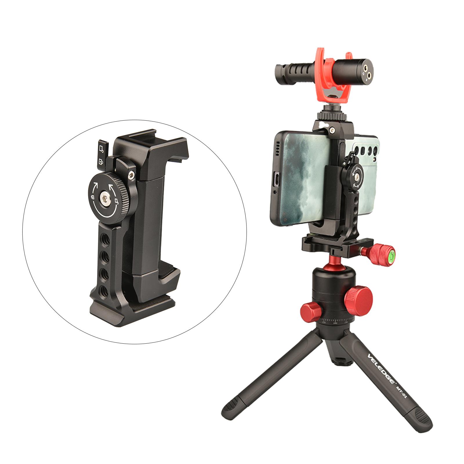 Phone Clip Holder Mount Tripod with Cold Shoe Clamp Selfie Stick Adjustable Adapter for Video Vlogging Cell Phone Live Streaming