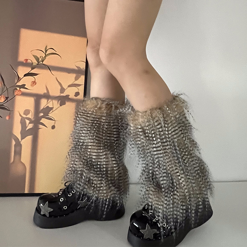 Y2K Goth Furry Faux Fur Women Leg Warmers Boot Covers Harajuku Lolita Girls Punk Fashion Cute Jk Hipster Warm Fluffies Leggings
