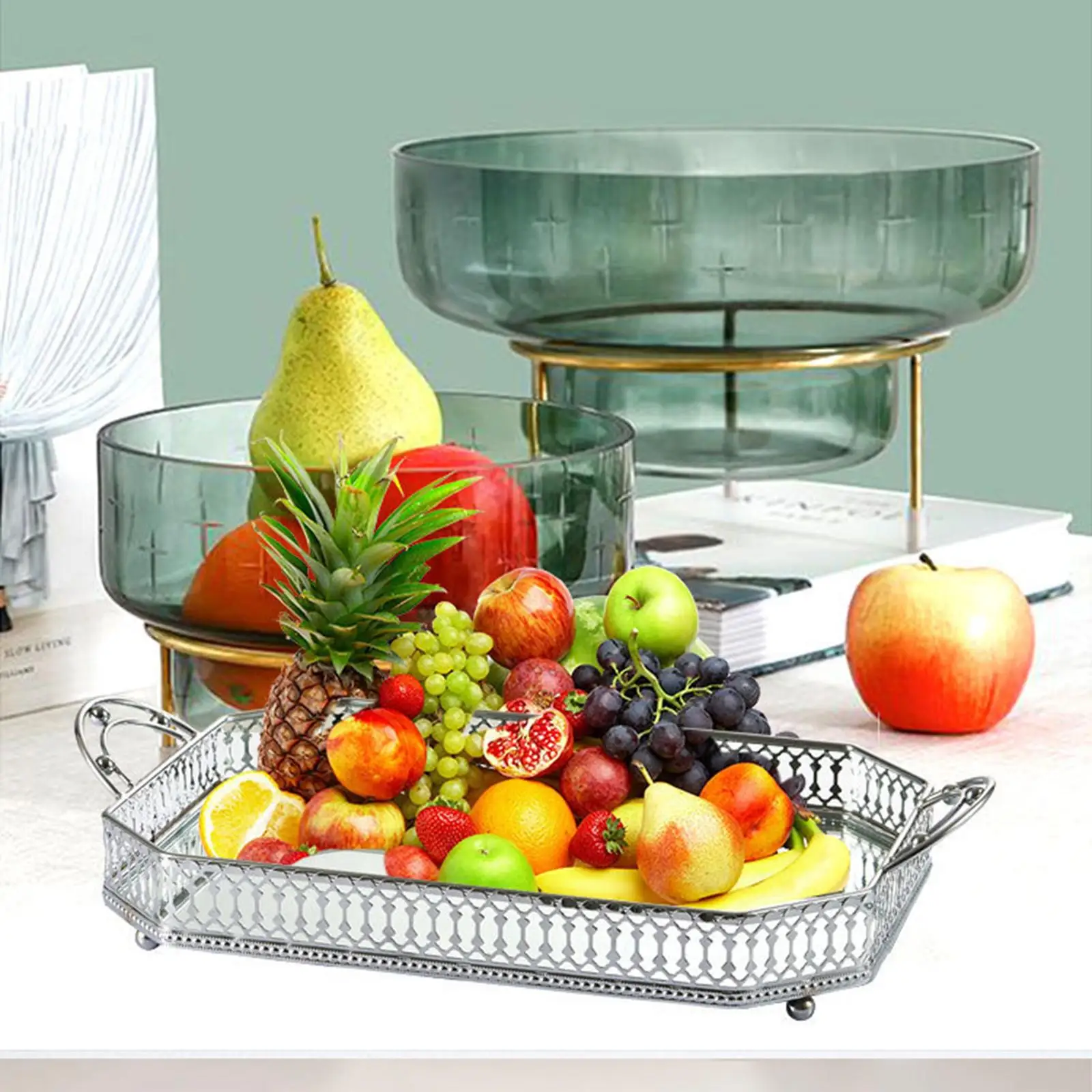 Multifunctional Serving Tray Organizer Fruit Plate Container Vanity Tray Candy Mirror Tray for Living Room Condiments Decorative