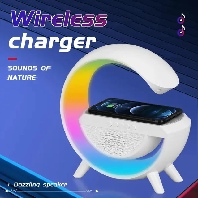 G Shape Bluetooth Speaker LED Alarm Clock RGB Atmosphere Night Light Lamp  Sunrise Simulation Wake Up 15W Wireless Phone Charger