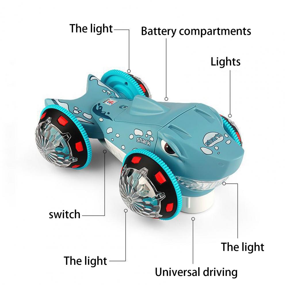 Двухсторонняя машинка, вращающаяся на 360 градусов электрическая игрушечная  машинка с универсальными колесами, музыка, искусственная Акула, трюки, ...