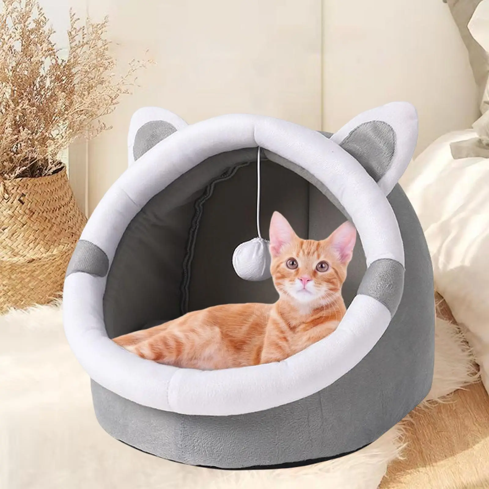 Soft Plush Cat Beds for Indoor Cats with Hanging Toy Anti Slip Bottom Comfortable Puppy Bed Pet Sofa Bed Pet Tent Pet Supplies