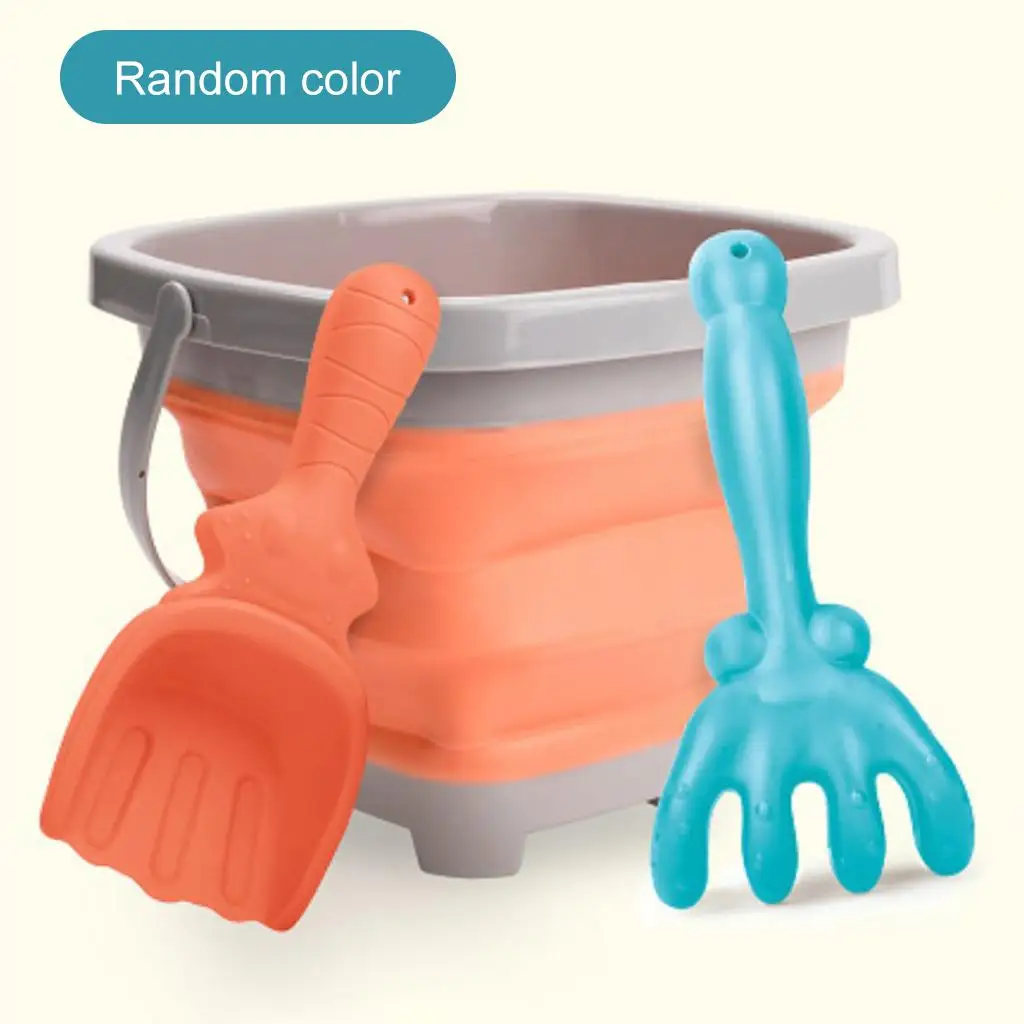 Set of 3 Mixed Colour Collapsible Beach Buckets with Rake and Shovel