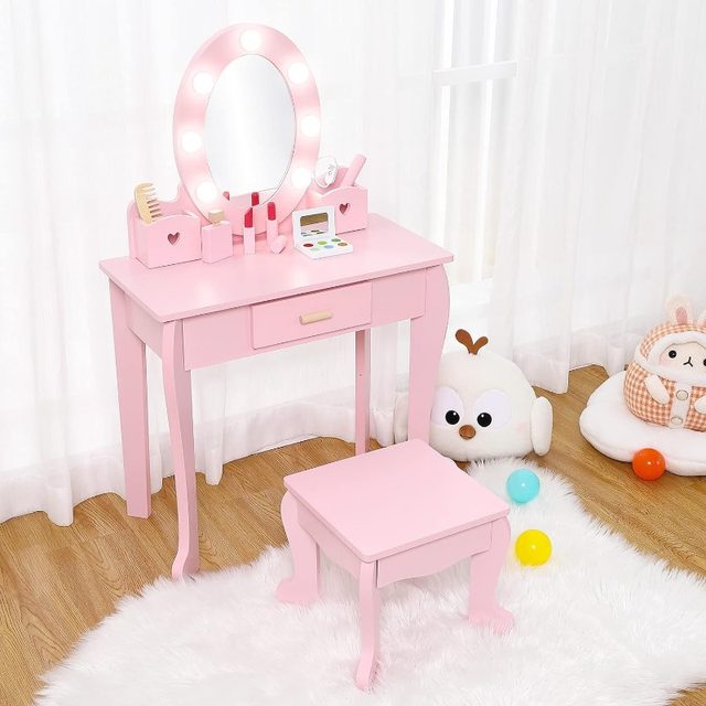 Bophy Girls' Vanity Table and Chair Set, Kids Makeup Dressing Table with  Lights & Wood Makeup Playset, Kids Vanity Set with Mirr - AliExpress