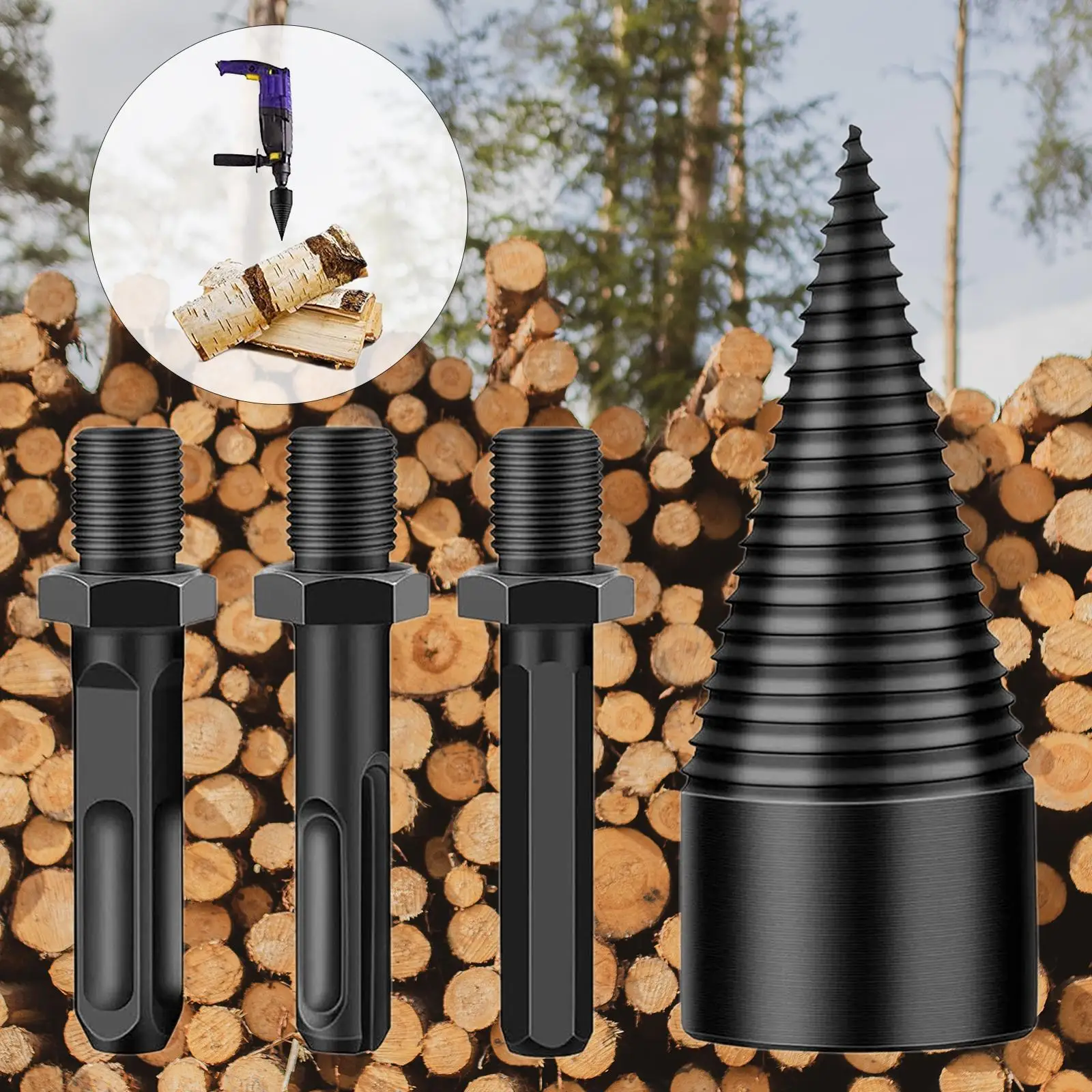 42 Splitter Screw Splitting Cone Driver with Round + Hex + Square,Removable Firewood Log Splitter Drill Bit for Household