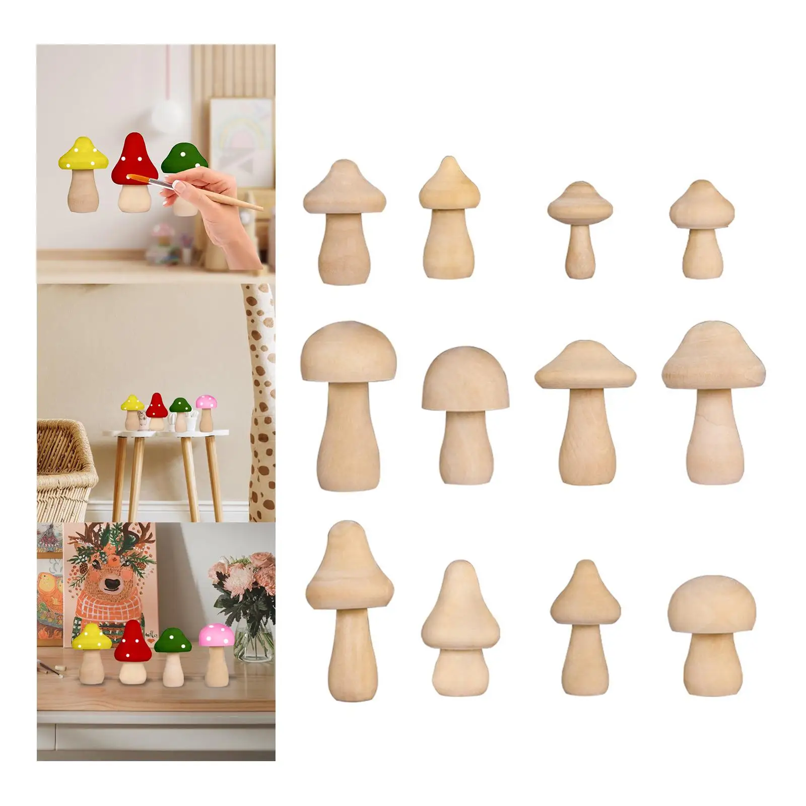 12 Pieces Unfinished Wooden Mushroom Children`s DIY Painted Toys for Arts