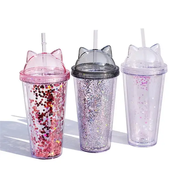 Tumbler Cup Water Bottles with Straw - Double Walled Cat Ear Glitter Tumbler Cup for Drinking Coffee - Kids & Adult Water Bottle - Transparent, Red, O