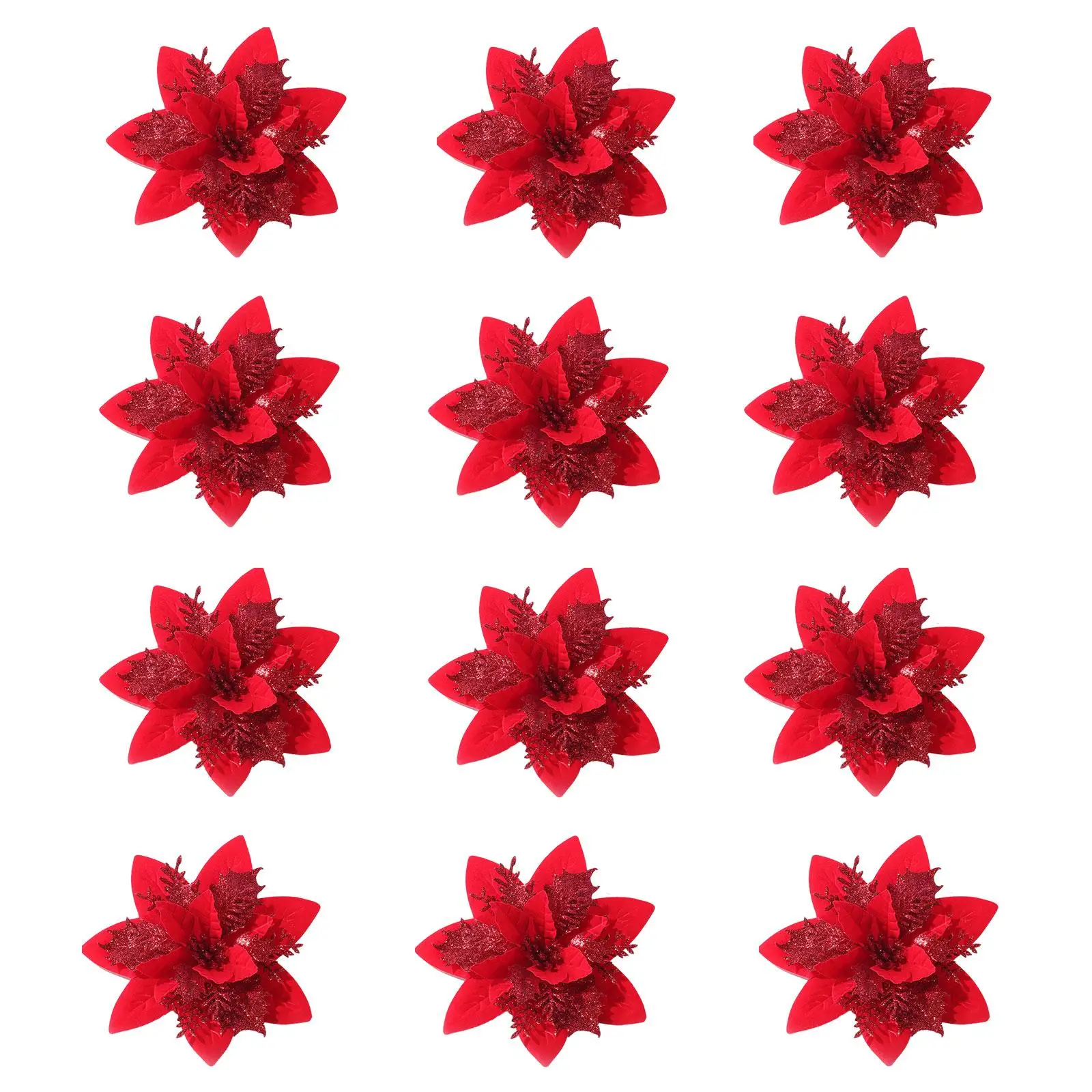 12x Glitter Christmas Flowers, Artificial Flowers Heads Christmas Tree Flower Decorations for Holiday Xmas Garland DIY Wreath