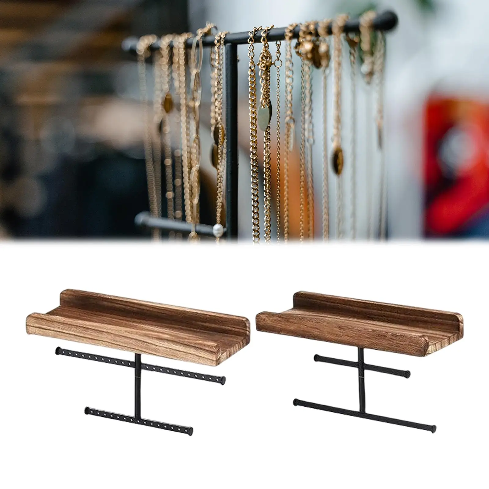 2x Hanging Wall Mounted Jewelry Organizer Rustic Wood Elegant Rack for Rings Watch