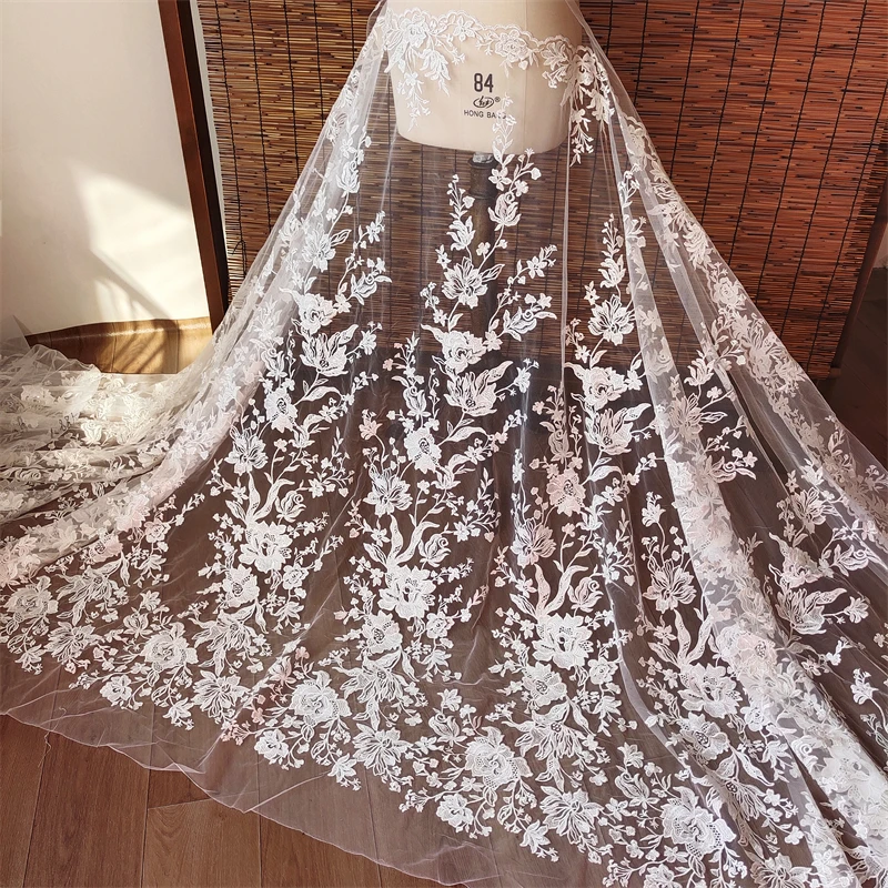 rayon material malha bordado tecido de renda grande flor folhas lantejoulas vestido de casamento tecido de renda nupcial