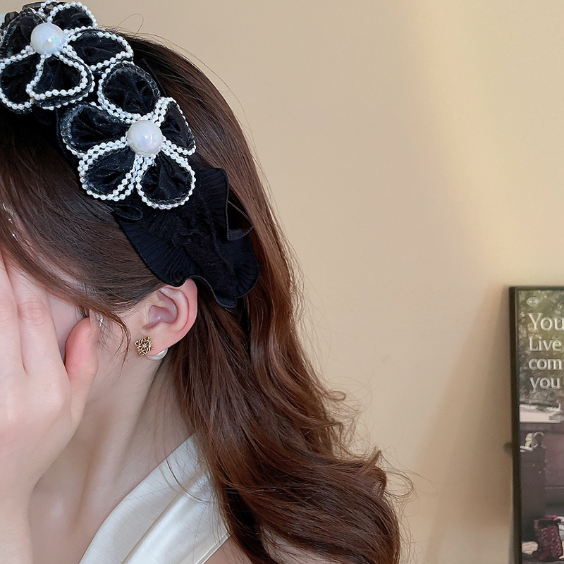 Perlenblumen-Mesh-Haarbänder mit breiter Krempe für Frauen, leichtes, luxuriöses Temperament, großes Stirnband, Charms, Haar-Accessoires – Detail 7