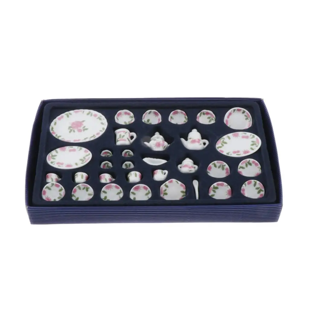 27 Pieces 12th Dollhouse Ceramic Floral Tableware Tea/Coffee Set Kitchen Accessories Kids Pretend toys, 2 Styles