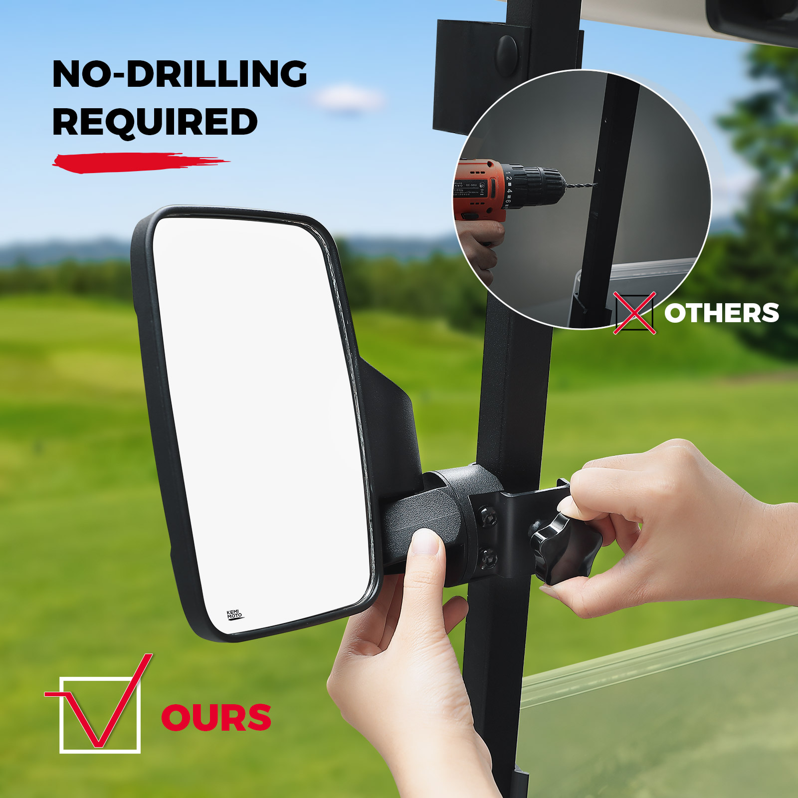 Description Picture 3 of itemKEMIMOTO Golf Cart Rear View Side Mirror Compatible with EZGO, Club Car, Drive2, Icon with 1-1.25" Square Tube