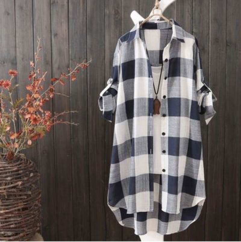 Title 5, Casual Plaid Baumwolle Mitte Länge Hemd Mode Fr...