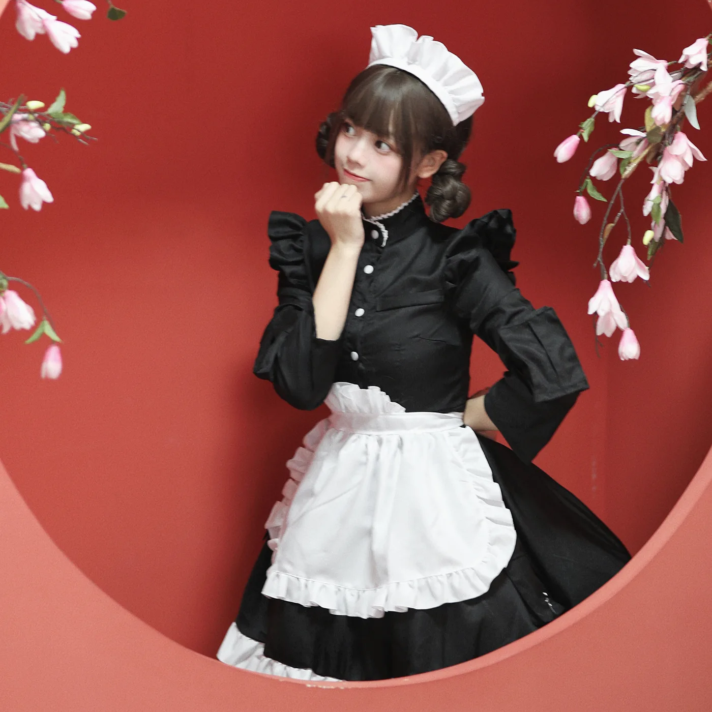 Chinese Style Kung Fu Maid Costume Women`s Plus Size Long Sleeve Cos Cute Anime Black And White Cartoon Cosplay Costume Dresses