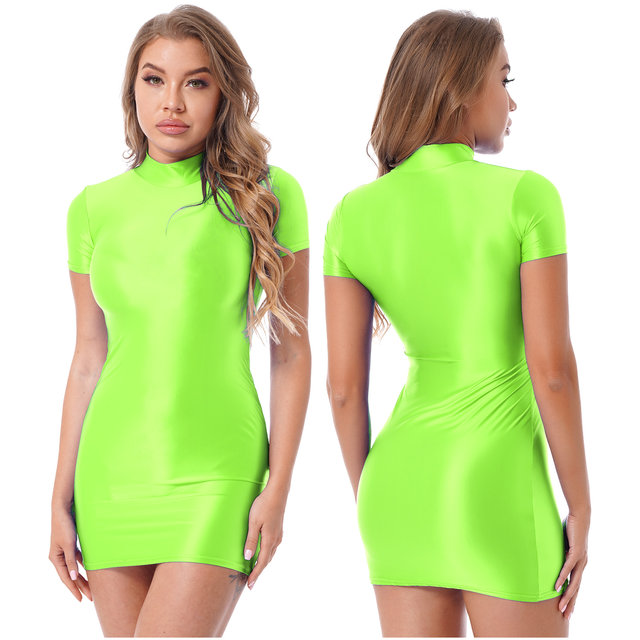 Woman Shiny Spandex Bodycon Mini Dress Night Club Mock Neck Slim Pencil  Dress