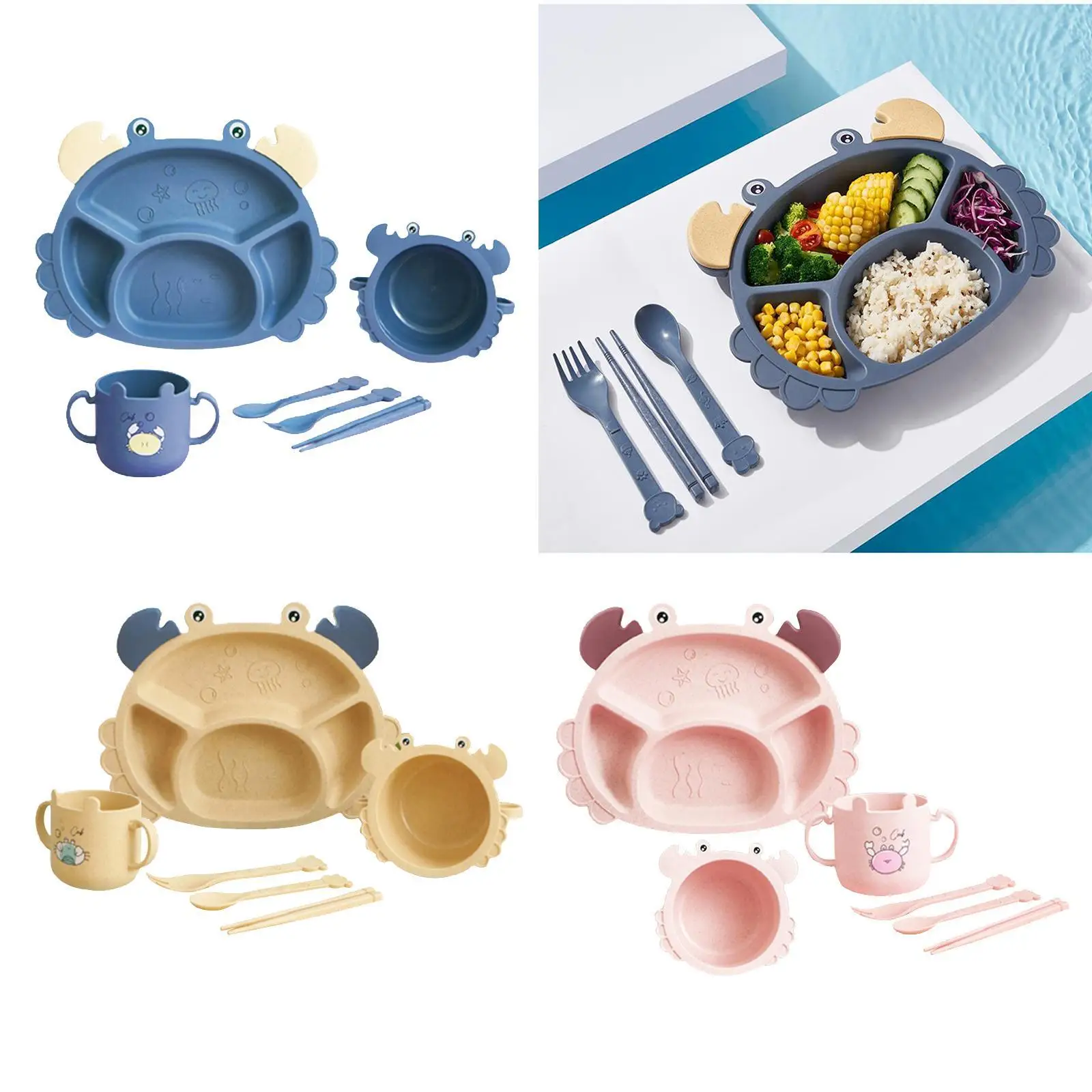  Toddler  Wheat Straw Cute Bowl Set Household Meal  Self Feed Training Divided   Set for Toddler Baby Dishes Utensils