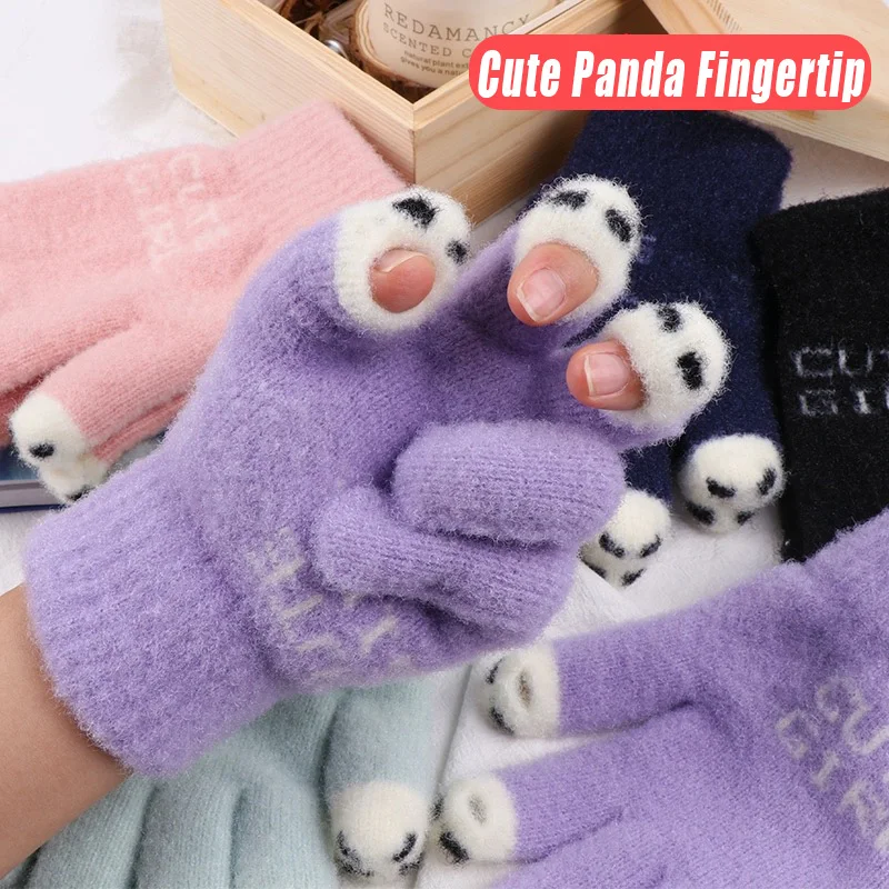 Open Finger Gloves Winter Warm Open Finger Gloves Women's Cute Panda Fingertip Touch Screen Gloves Warm Outdoor Knitted Gloves