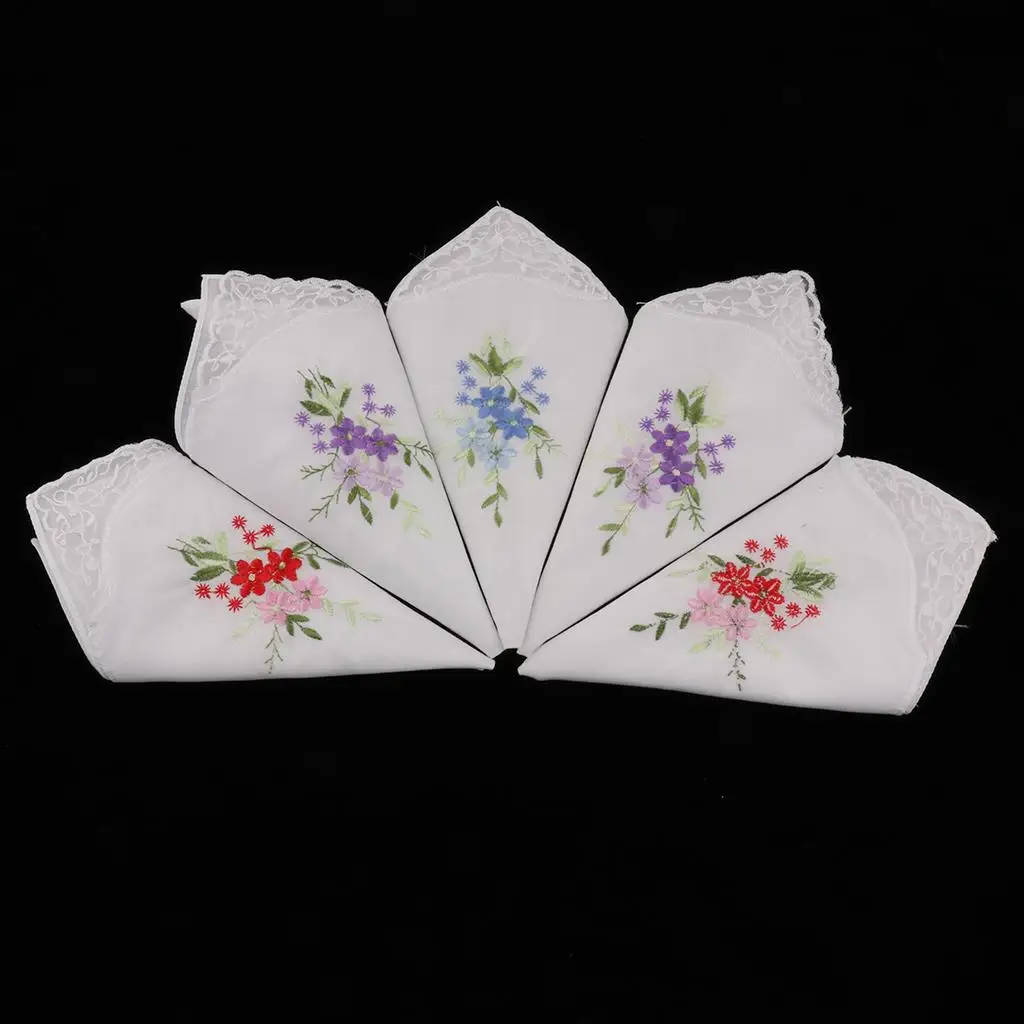 5pcs Vintage Floral Embroidered Hankies Cotton Lace Hanky