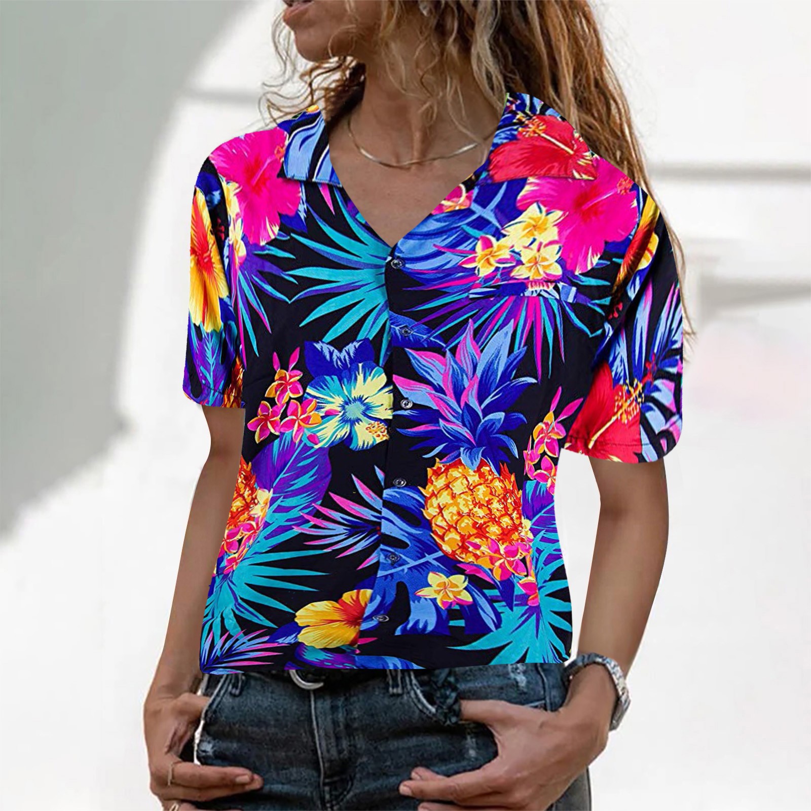 Camisa floral havaiana masculina e feminina, tops