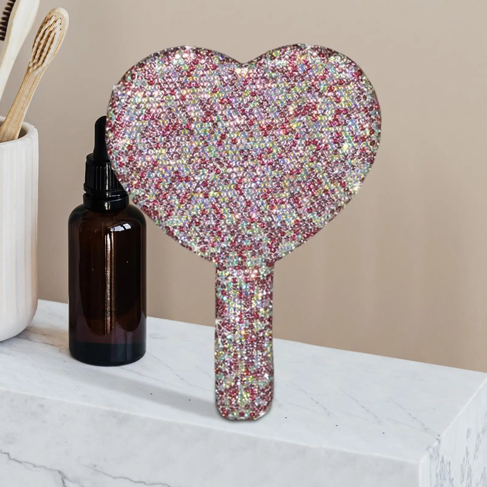 Small Handheld Makeup Mirror Pocket Mirror Rhinestone Decor Decorative Bling Heart Mirrors for Girls Women Valentine`S Day Gift