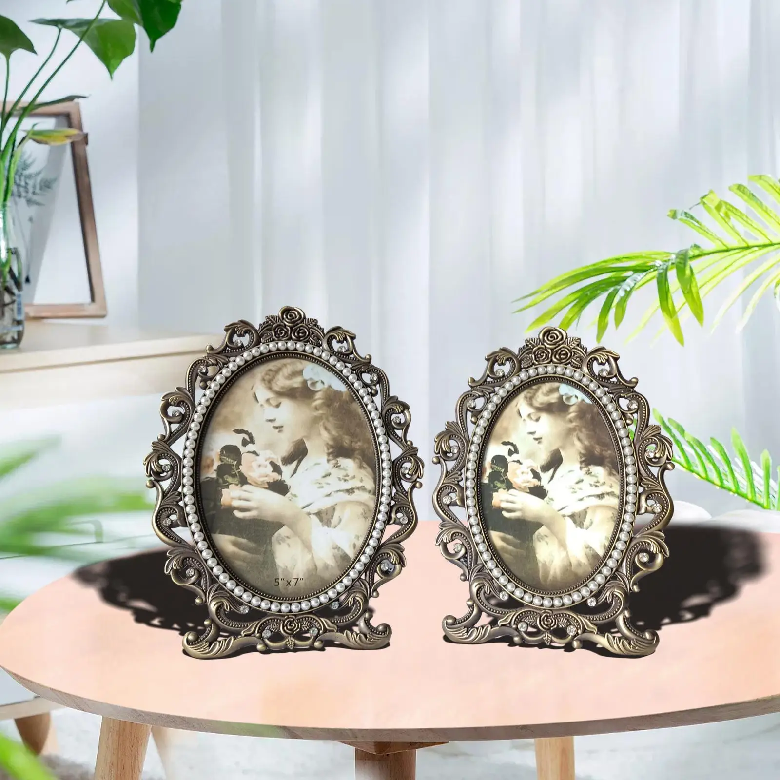 Vintage Bronze Photo Frames with Pearls Wedding Gift Picture Holder Freestanding Arts Tabletop Vertically Metal Tabletop Frames