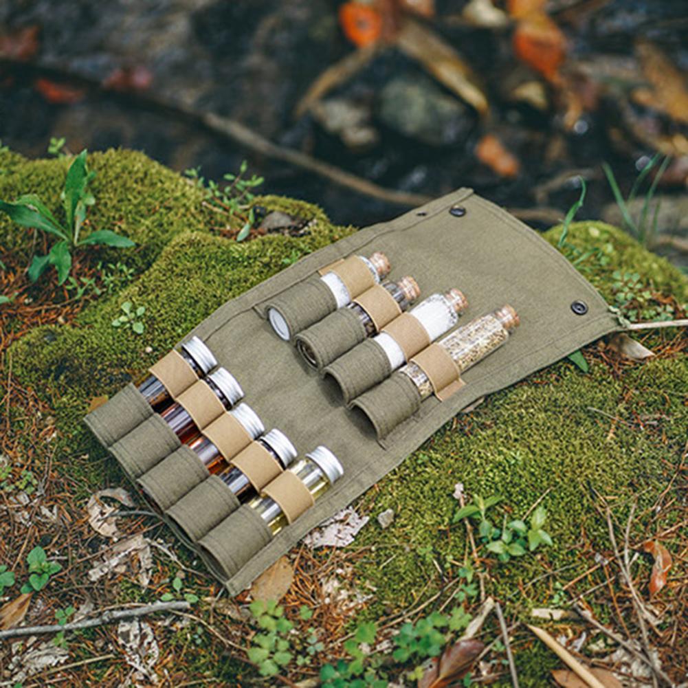 buracos conjunto garrafa de especiarias acampamento dobrável cera lona prova dwaterproof água falso couro acampamento caminhadas bushcraft piquenique tempero saco